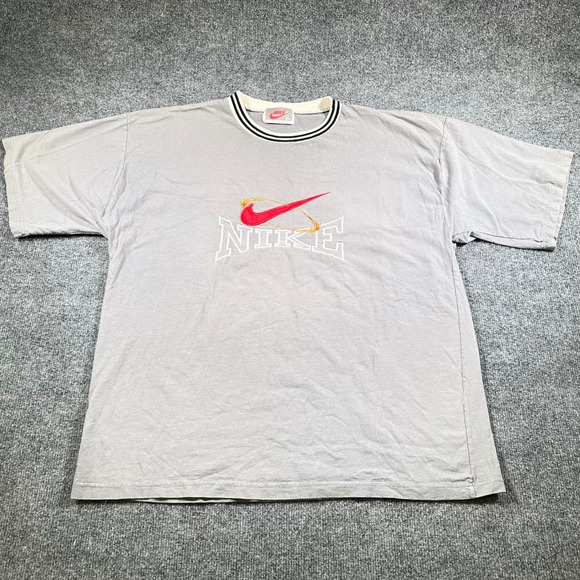 Vtg Nike T-Shirt XL Embroidered Striped Ringer Collar Basketball Made in USA 90s - Picture 2 of 10